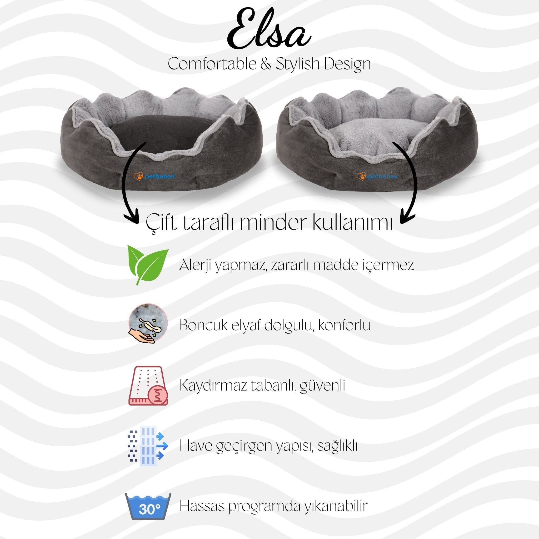 Petbebek™, Çift Taraflı Minderli, Ultra Yumuşak, Kaydırmaz Tabanlı, Yıkanabilir, Kedi ve Köpek Yatağı (Krem)