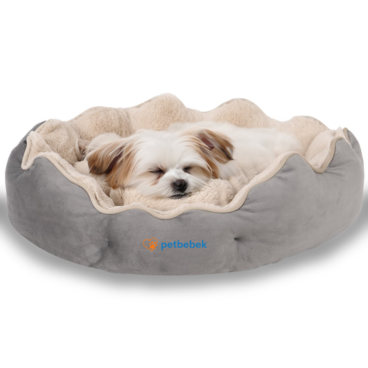 Petbebek™ Çift Taraflı Minderli, Ultra Yumuşak, Kaydırmaz Tabanlı, Yıkanabilir, Kedi ve Köpek Yatağı (Gri - Bej)