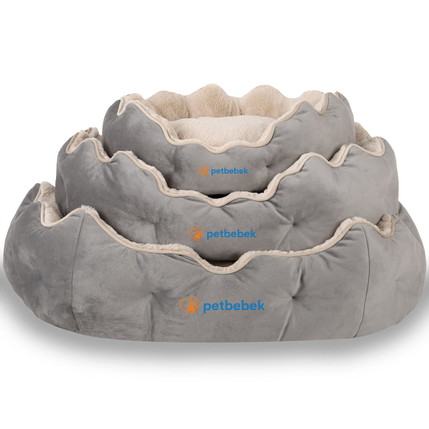 Petbebek™ Çift Taraflı Minderli, Ultra Yumuşak, Kaydırmaz Tabanlı, Yıkanabilir, Kedi ve Köpek Yatağı (Gri - Bej)