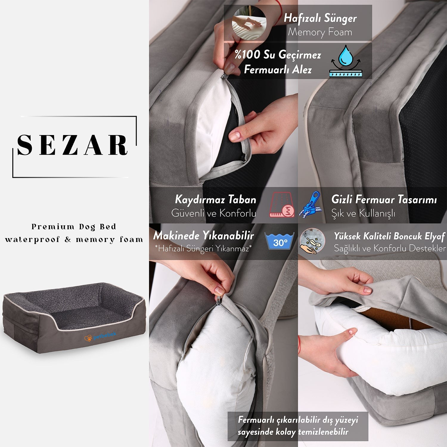 Petbebek™, Visco Süngerli,%100 Su Geçirmez, Kolay Temizlenen, Çıkarılabilir Kılıflı, Kedi ve Köpek Yatağı