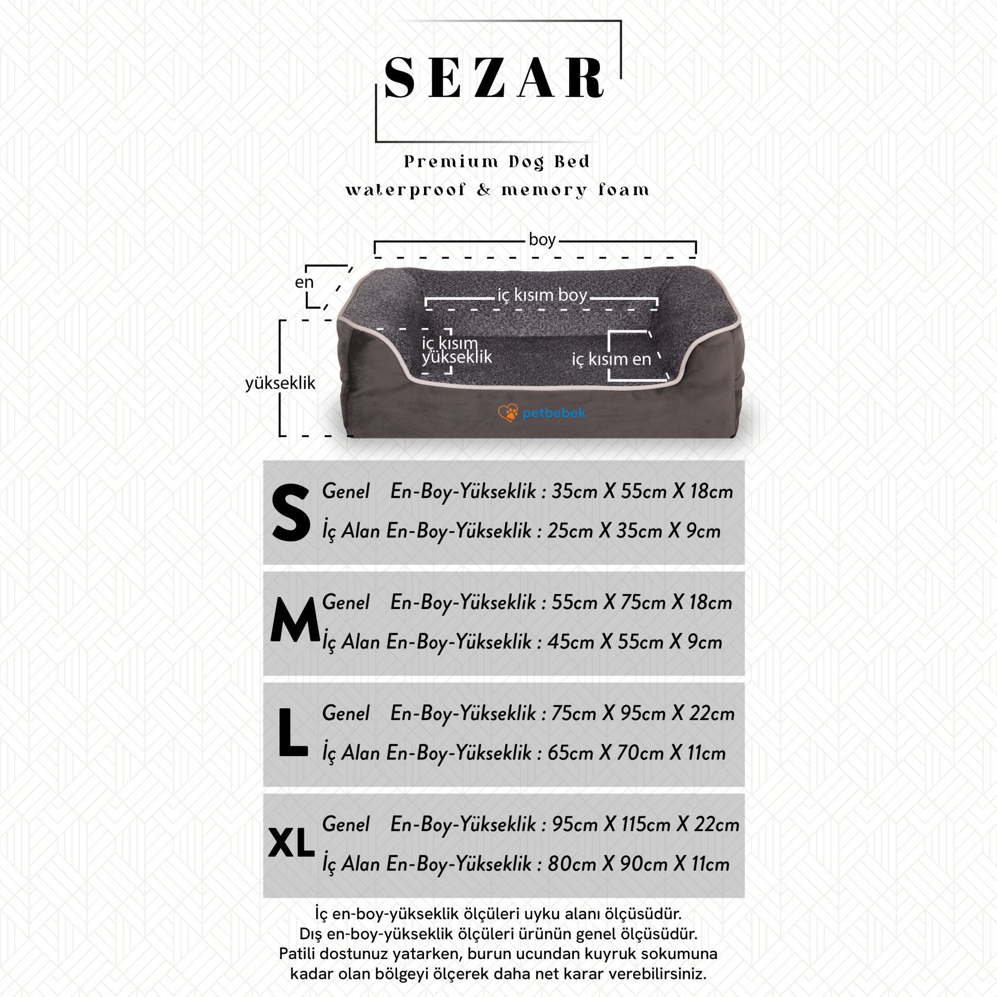 Petbebek™, Visco Süngerli,%100 Su Geçirmez, Kolay Temizlenen, Çıkarılabilir Kılıflı, Kedi ve Köpek Yatağı