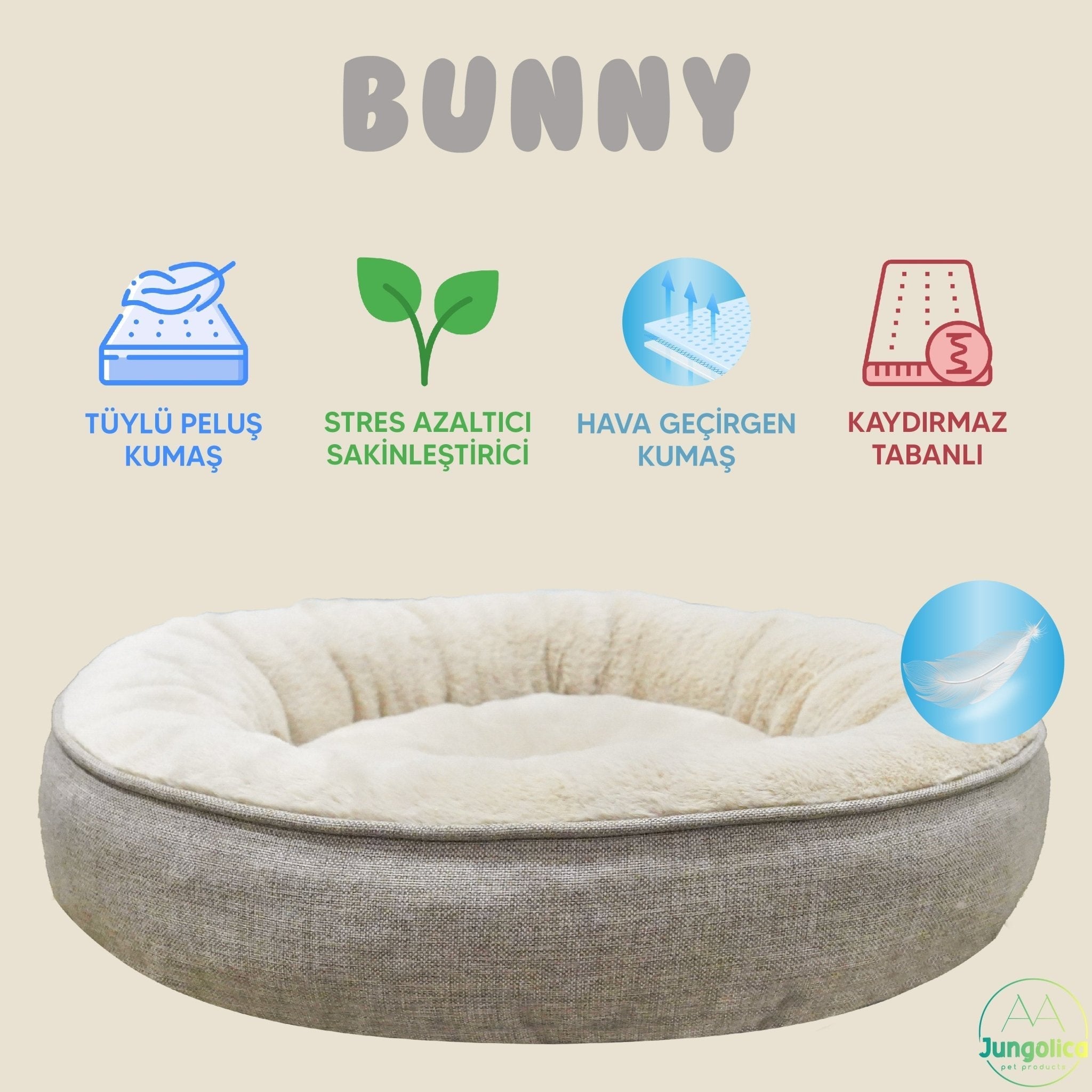 Petbebek™, Donut Şeklinde, Stres Azaltıcı, Yüksek Kaliteli Peluş Kumaşlı, Yıkanabilir Kedi ve Köpek Yatağı (Bej)