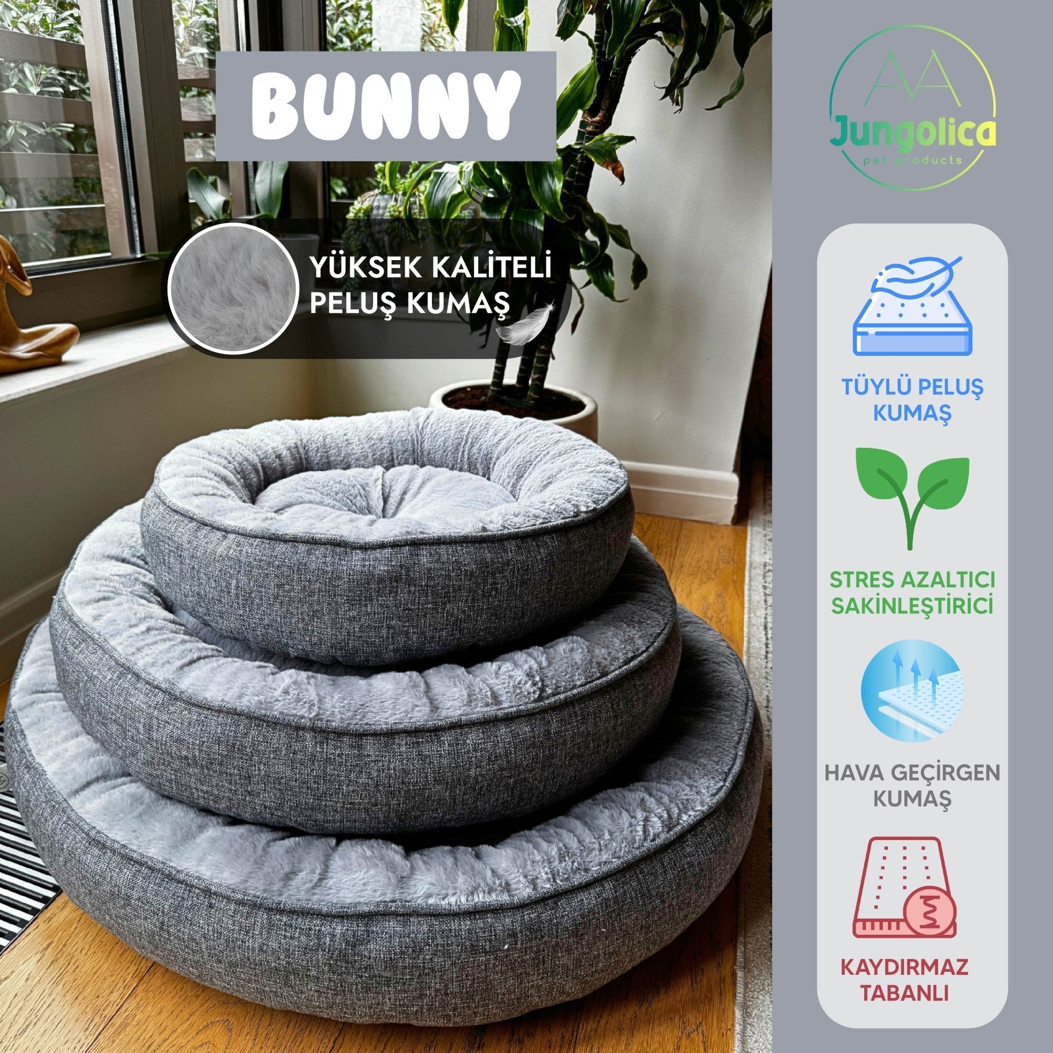 Petbebek™, Donut Şeklinde, Stres Azaltıcı, Yüksek Kaliteli Peluş Kumaşlı, Yıkanabilir Kedi ve Köpek Yatağı (Gri)