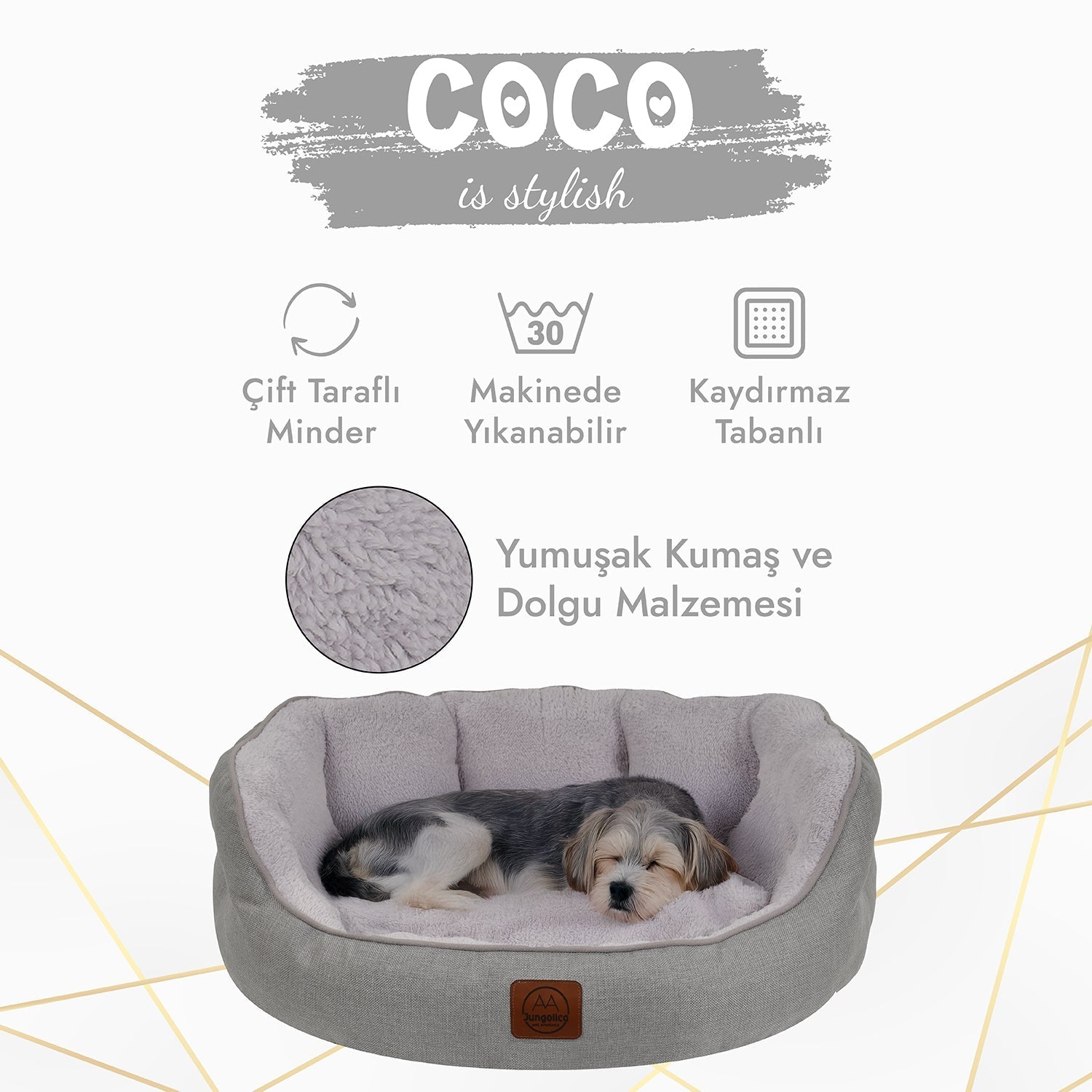 Petbebek™, Çift Taraflı Minderli, Ultra Yumuşak, Kaydırmaz Tabanlı, Yıkanabilir Kedi ve Köpek Yatağı (Açık Gri)