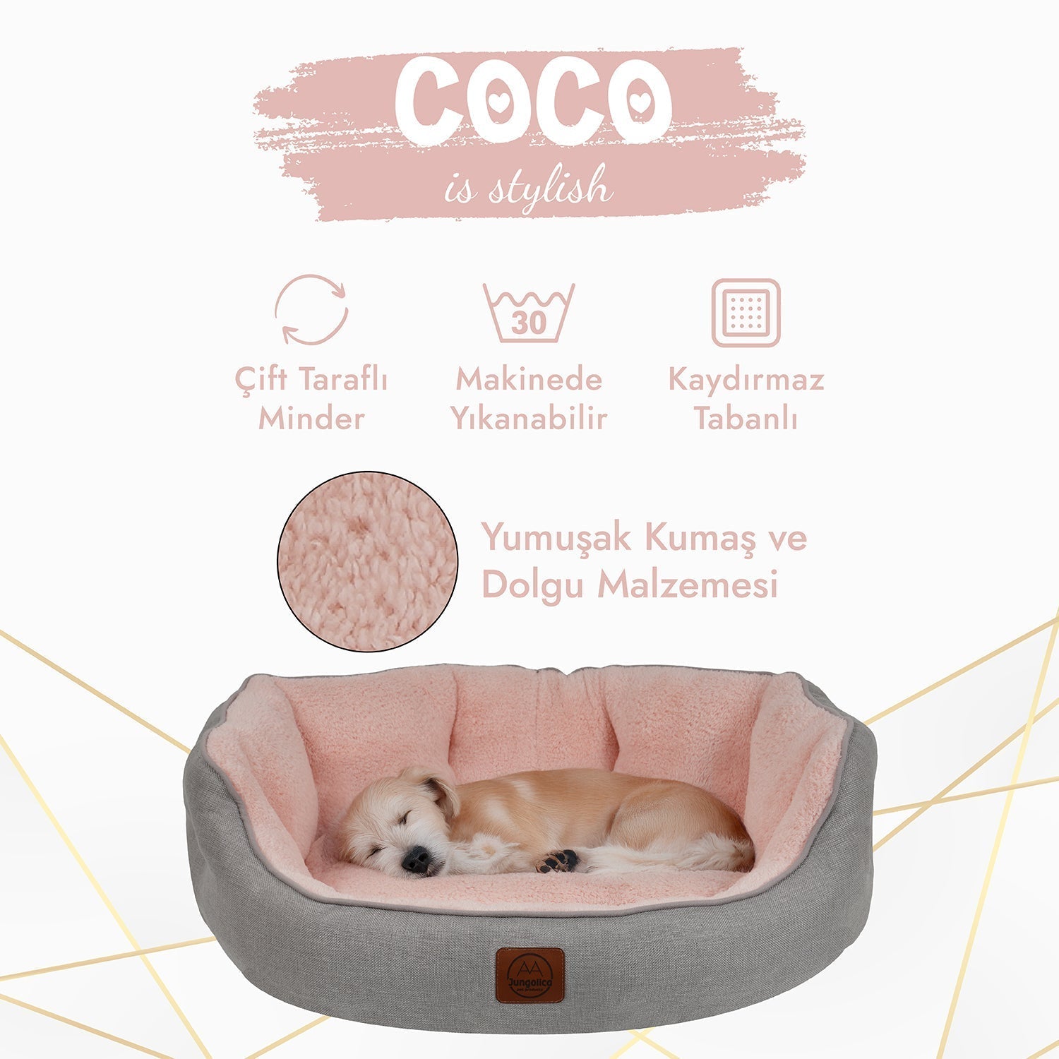 Petbebek™ , Çift Taraflı Minderli, Ultra Yumuşak, Kaydırmaz Tabanlı, Yıkanabilir Kedi ve Köpek Yatağı (Açık Gri-Pembe)