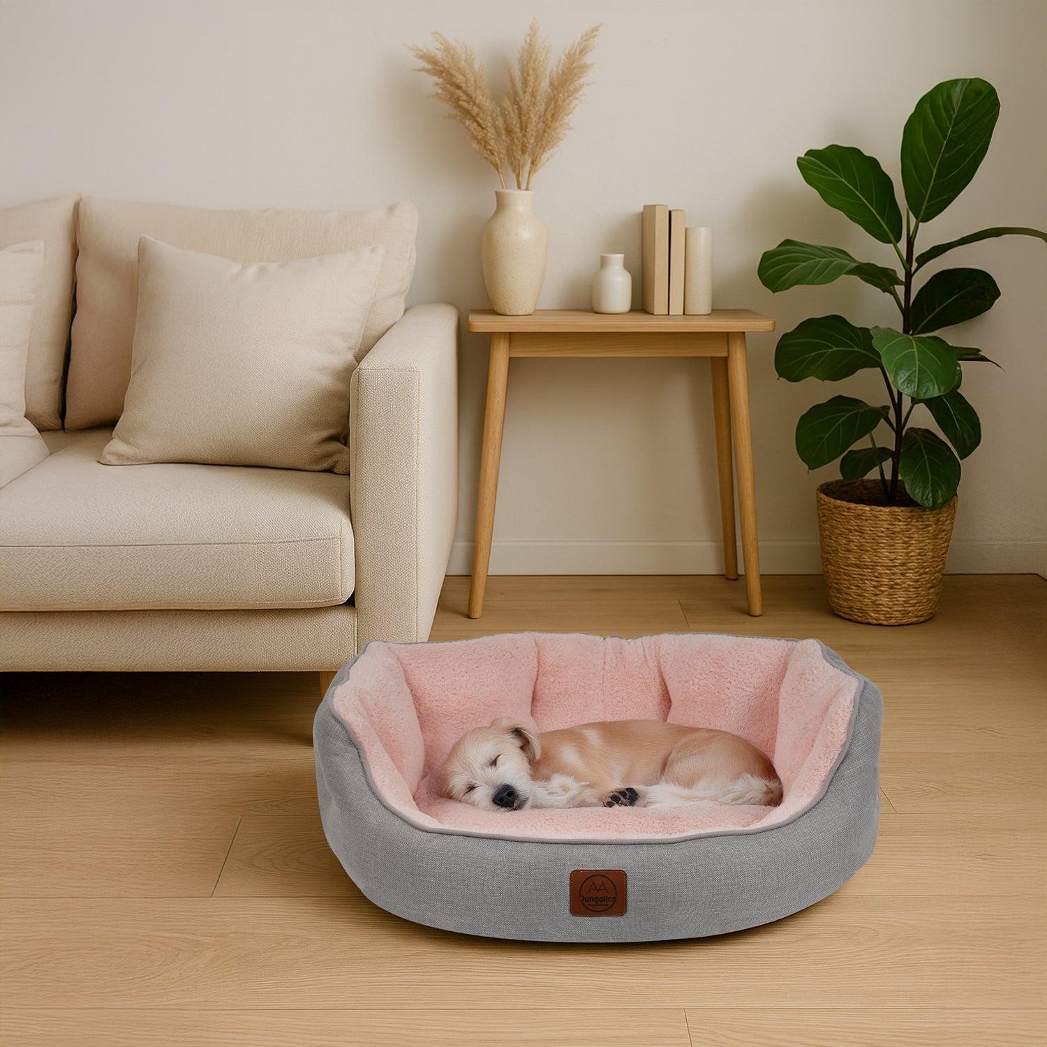 Petbebek™ , Çift Taraflı Minderli, Ultra Yumuşak, Kaydırmaz Tabanlı, Yıkanabilir Kedi ve Köpek Yatağı (Açık Gri-Pembe)