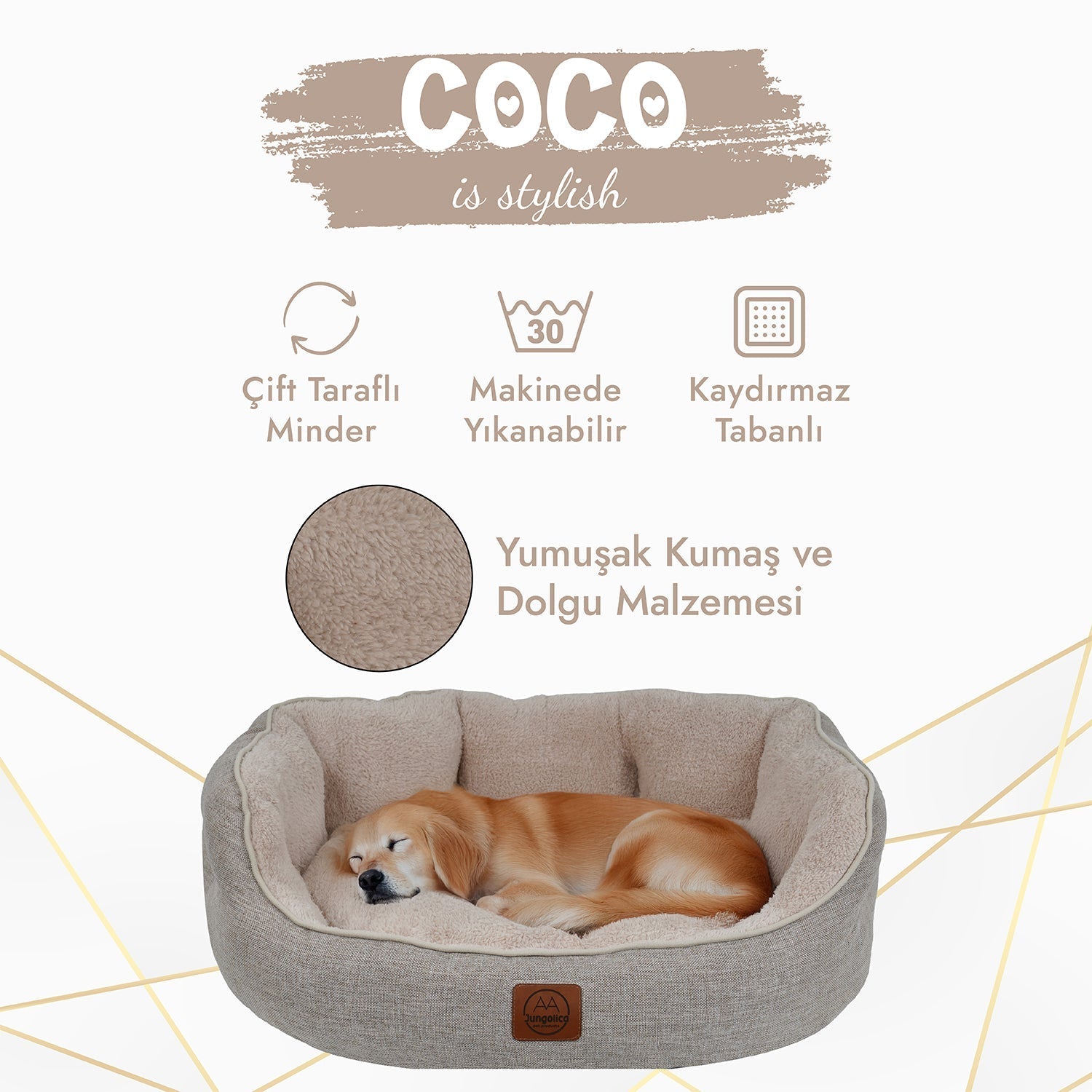 Petbebek™, Çift Taraflı Minderli, Ultra Yumuşak, Kaydırmaz Tabanlı, Yıkanabilir Kedi ve Köpek Yatağı (Bej)