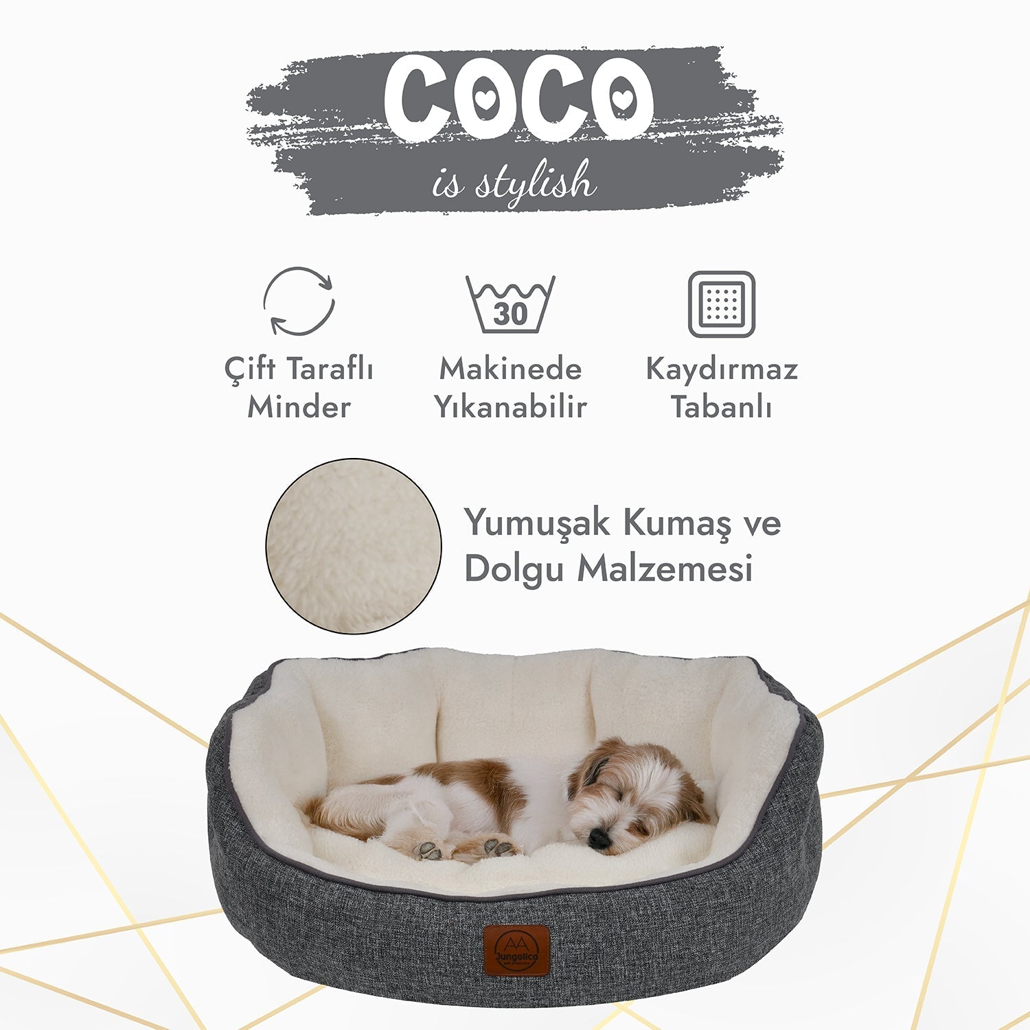 Petbebek™ , Çift Taraflı Minderli, Ultra Yumuşak, Kaydırmaz Tabanlı, Yıkanabilir Kedi ve Köpek Yatağı (Koyu Gri-Beyaz)