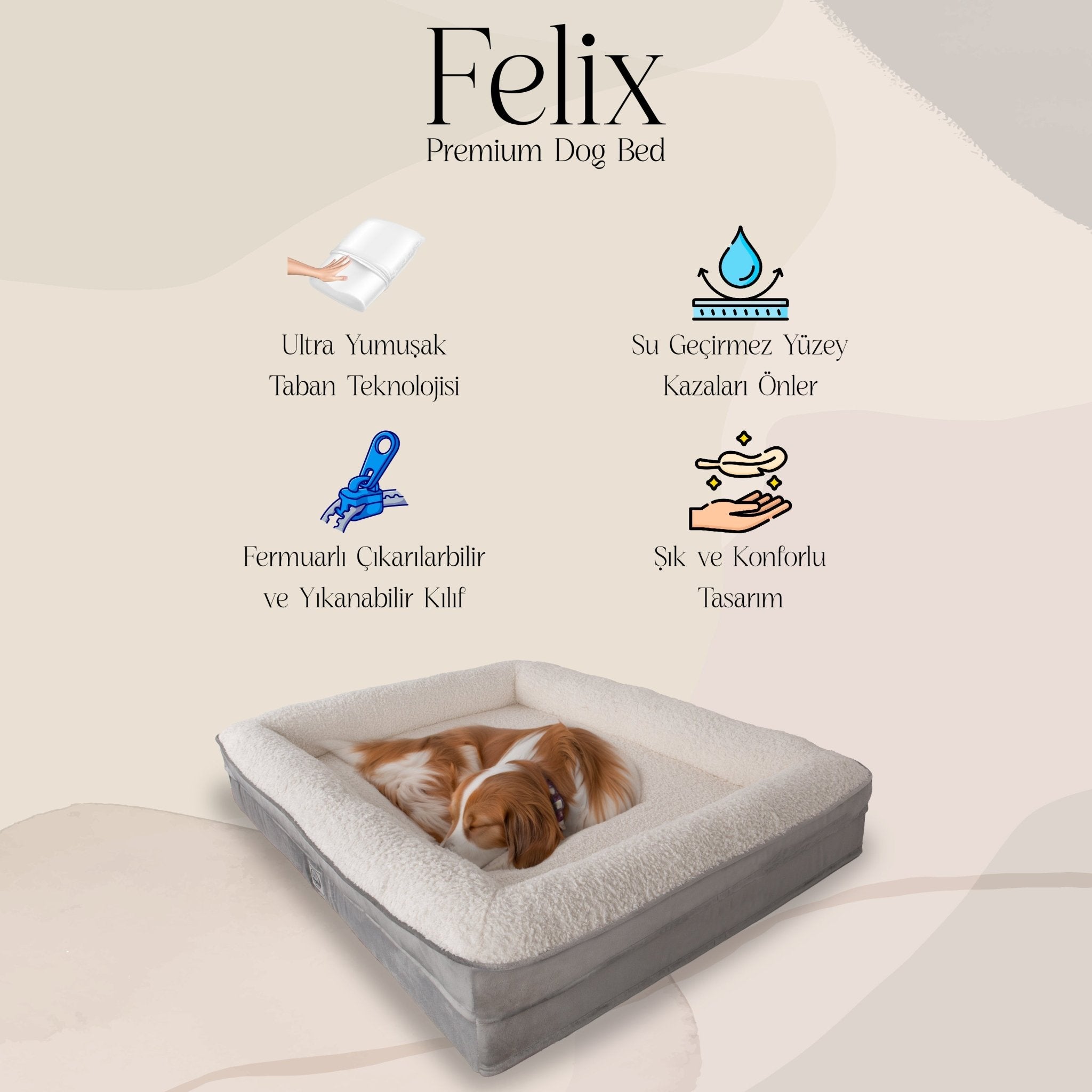 Petbebek™, Visco Süngerli, Ultra Yumuşak, %100 Su Geçirmez Alezli, Çıkarılabilir Kılıflı, Kedi ve Köpek Yatağı (Gri & Beyaz)