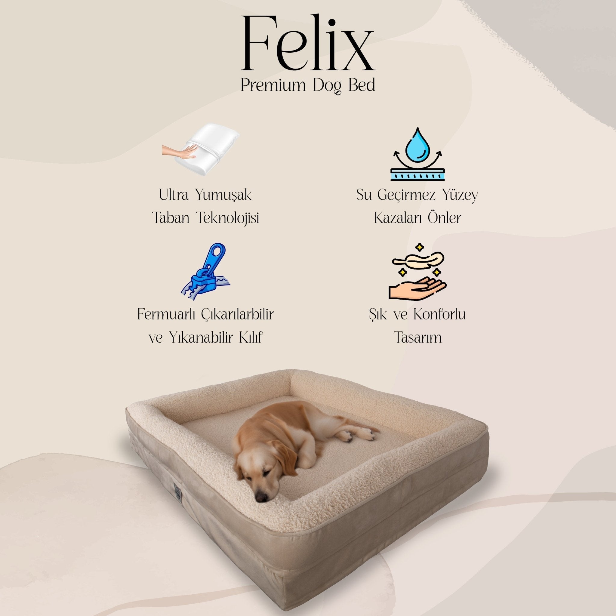 Petbebek™, Visco Süngerli, Ultra Yumuşak, %100 Su Geçirmez Alezli, Çıkarılabilir Kılıflı, Kedi ve Köpek Yatağı (Krem & Bej)