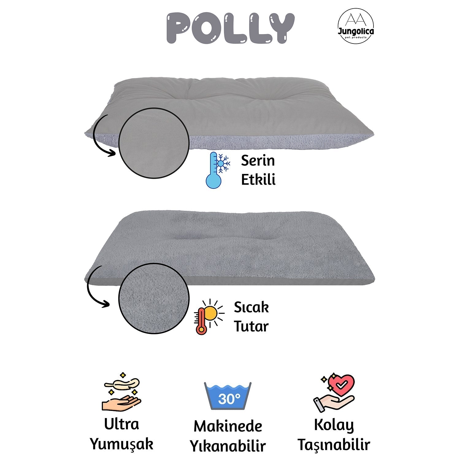 Petbebek™, Çift Taraflı Kullanılabilen, Yıkanabilir Kedi ve Köpek Minderi (Açık Gri & Gri)