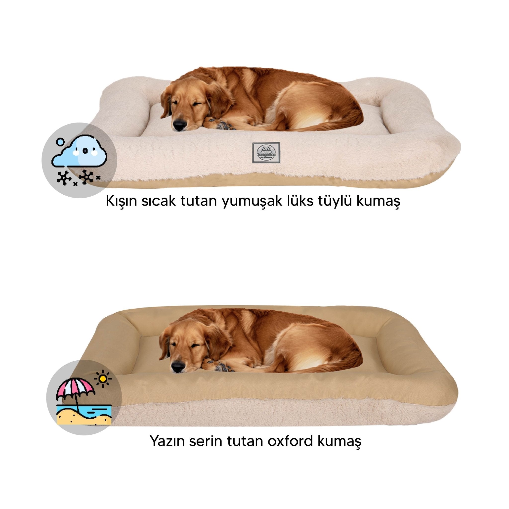 Petbebek™, %100 Su Geçirmez Alezli, Çift Taraflı, Dört Mevsim Kullanılabilen Kedi ve Köpek Yatağı (Bej)