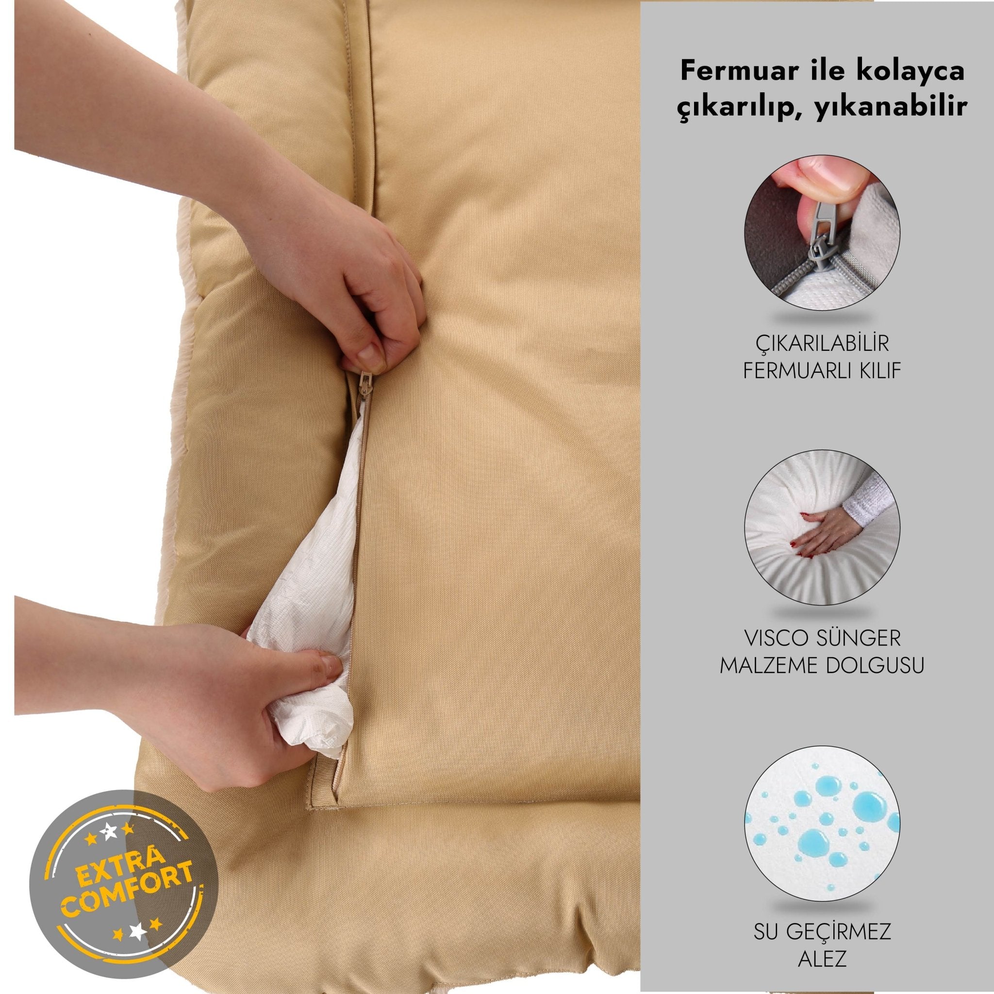 Petbebek™, %100 Su Geçirmez Alezli, Çift Taraflı, Dört Mevsim Kullanılabilen Kedi ve Köpek Yatağı (Bej)