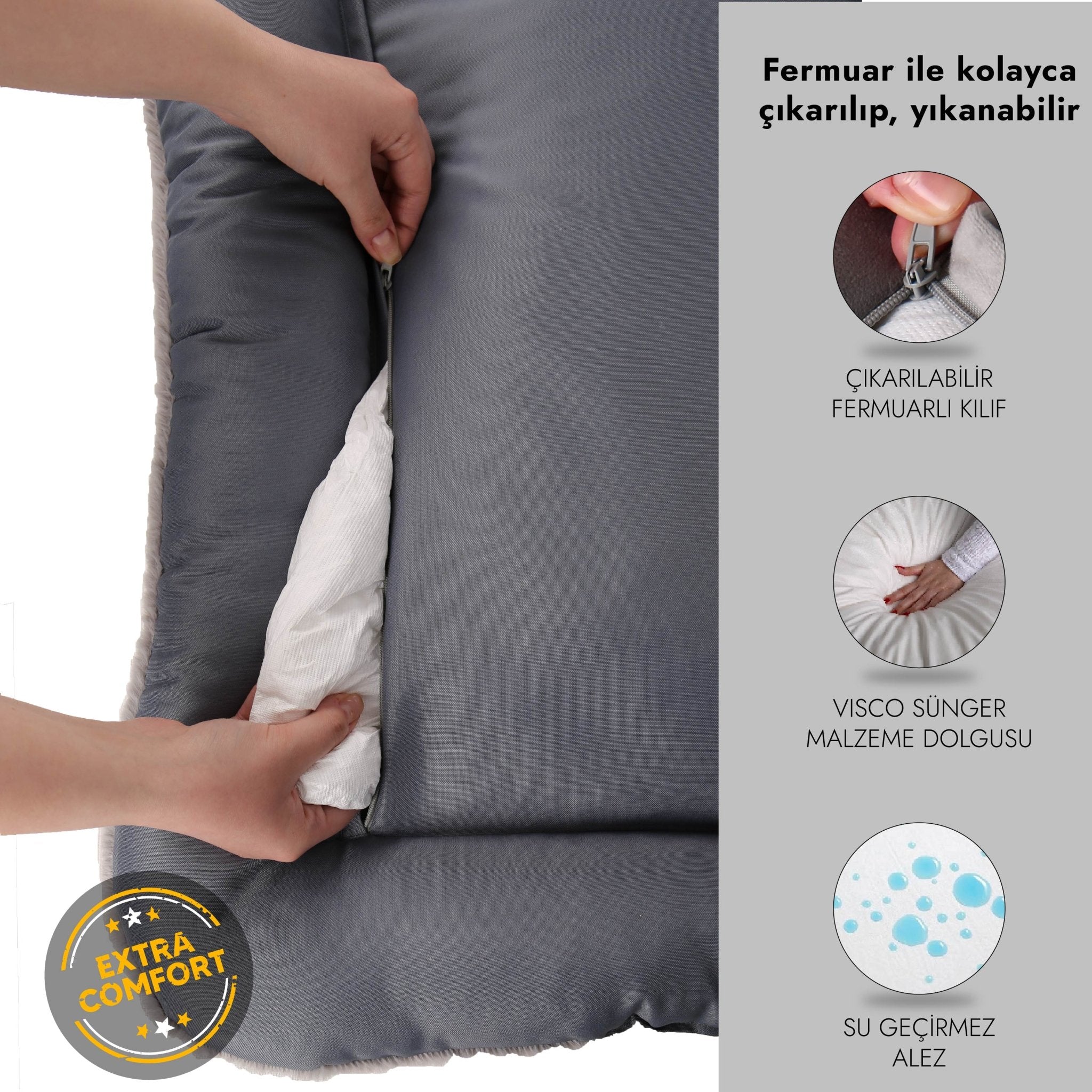Petbebek™ Sally, %100 Su Geçirmez Alezli, Çift Taraflı, Dört Mevsim Kullanılabilen Kedi ve Köpek Yatağı (Gri)