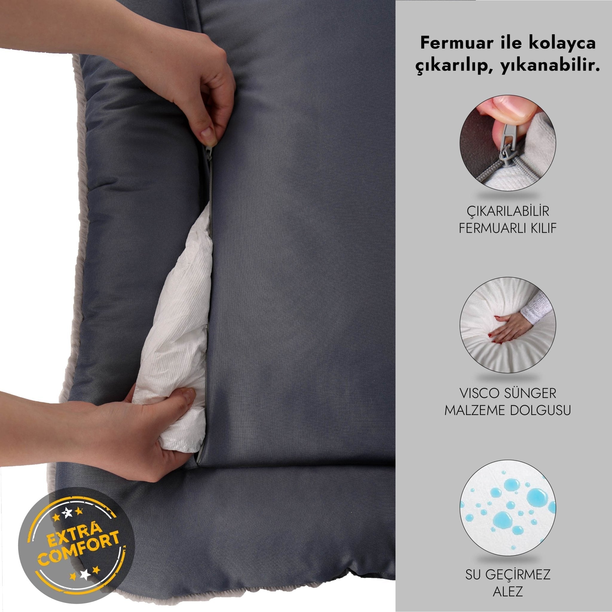 Petbebek™, %100 Su Geçirmez Alezli, Çift Taraflı, Dört Mevsim Kullanılabilen Kedi ve Köpek Yatağı (Koyu Gri-Antrasit)