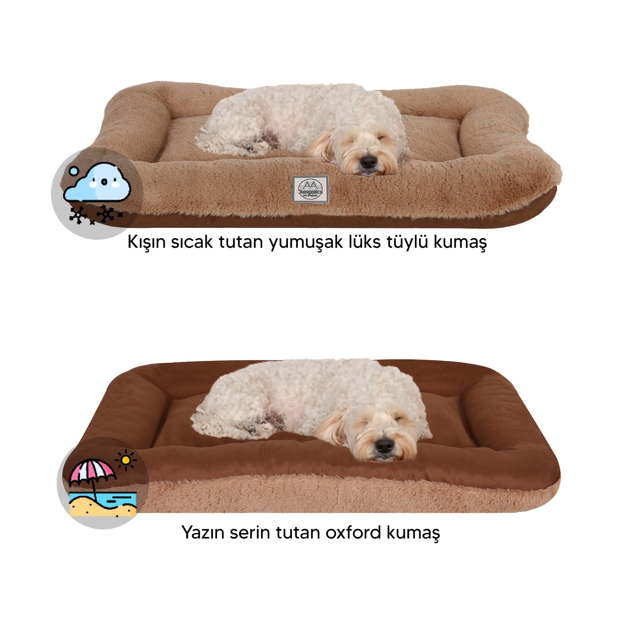 Petbebek™, %100 Su Geçirmez Alezli, Çift Taraflı, Dört Mevsim Kullanılabilen Kedi ve Köpek Yatağı (Vizon-Kahve)