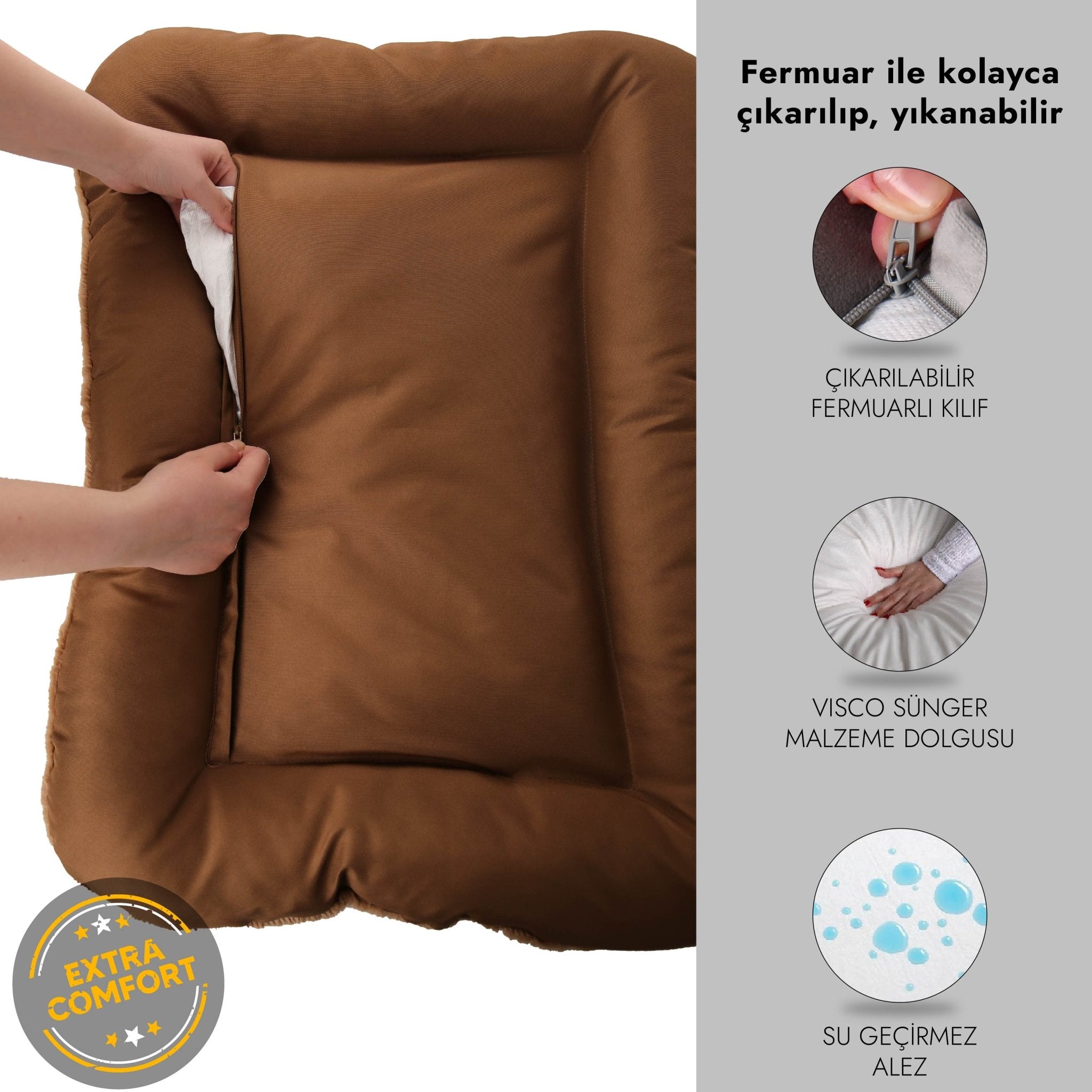 Petbebek™, %100 Su Geçirmez Alezli, Çift Taraflı, Dört Mevsim Kullanılabilen Kedi ve Köpek Yatağı (Vizon-Kahve)